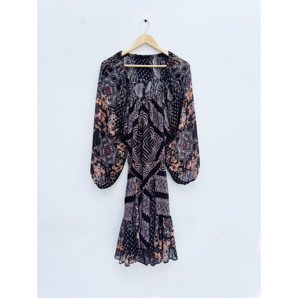 Free People Seven Wonders Patchwork Cutout Mini Dress Black Mixed Print M